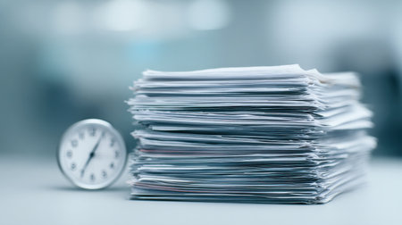 A stack of papers with a clock on top of it. The clock is showing the time as 10:30の素材