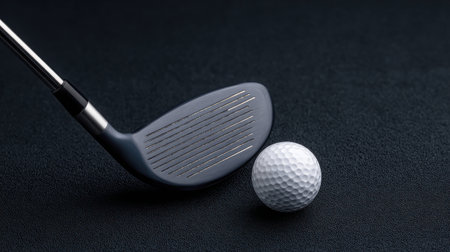 A golf ball sits on the ground next to a golf club. Concept of relaxation and leisure, as golf is often associated with spending time outdoors and enjoying the sportの素材