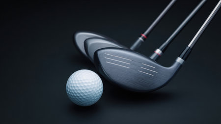 Three golf clubs are lined up next to a white golf ball. The ball is positioned in the middle of the three clubs, with each club slightly overlapping the one next to itの素材