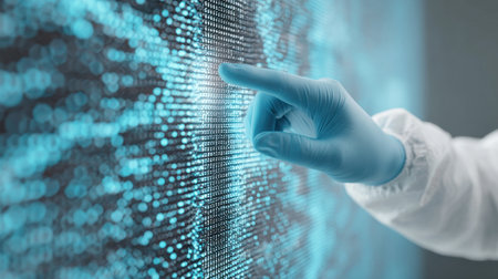 A hand pointing at a computer screen with a blue background. Concept of technology and innovation, as the hand is reaching out to interact with the digital displayの素材