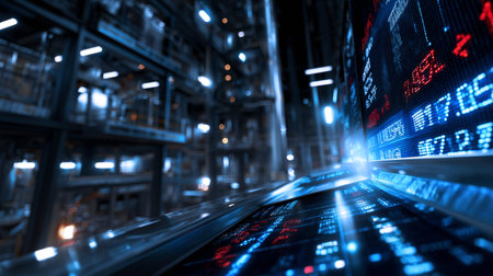 A computer screen shows a stock market with a red line on it. Scene is tense and serious, as the stock market is a place where people invest their money and can potentially lose itの素材