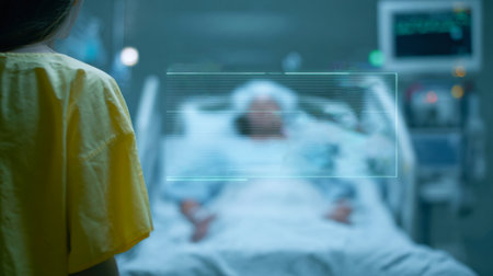A woman in a yellow shirt stands in front of a bed with a man on it. The man is hooked up to a monitor and he is in a hospital. The woman looks concerned and is looking at the man on the bedの素材
