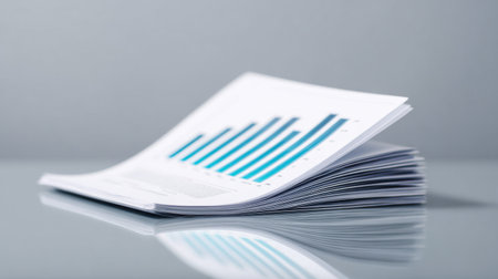 A stack of papers with blue and green bars on them. The bars are in a line and are on top of each otherの素材