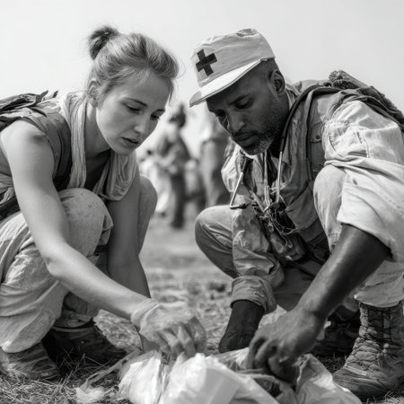 A man and a woman are looking at a bag. The man is wearing a hat and the woman is wearing a scarfの素材