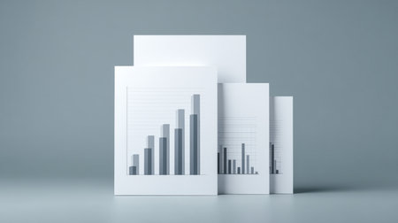 Four white papers stacked on top of each other, each with a different graph or chart. The graphs appear to be related to business or financial dataの素材