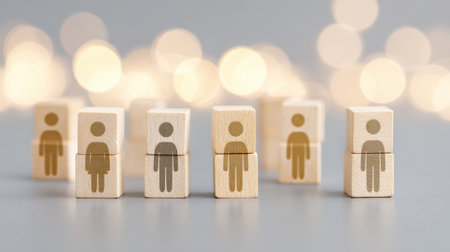 A group of wooden blocks with people on them are arranged in a row. The blocks are all different sizes and are placed next to each other. Concept of unity and togethernessの素材