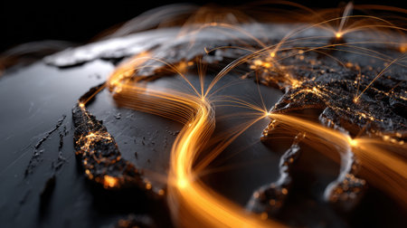 A globe with many lines coming out of it, some of which are orange. The globe is surrounded by a dark backgroundの素材