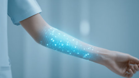 A person's arm is covered in blue dots. The dots are glowing and appear to be a part of a futuristic technology. Concept of innovation and advancement in the medical fieldの素材