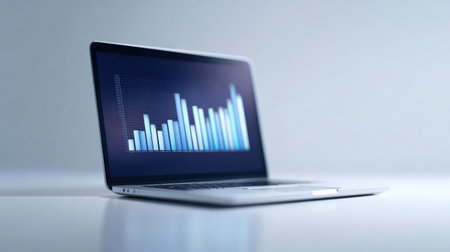 A laptop computer displays a graph with blue bars. The bars are of different heights, and the graph appears to be a representation of data. The laptop is open on a tableの素材