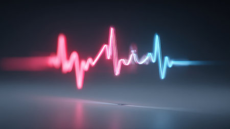 A red and blue line with a heart shape in the middle. The red and blue lines are pulsing, giving the impression of an electronic soundの素材