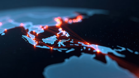 A globe with a blue background and red lines on it. The red lines are connected to each other and to the globeの素材