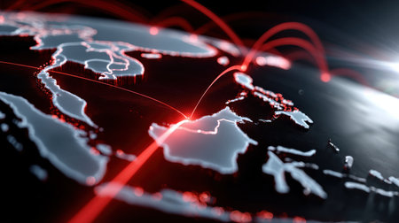 A globe with red lines coming out of it. The globe is surrounded by a black background. The red lines are coming out of the globe and are spread out in different directionsの素材