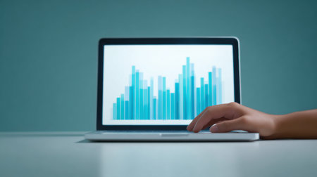 A laptop screen shows a graph with blue bars. A person's hand is on the keyboard, possibly typing or navigating the screen. Concept of focus and concentrationの素材