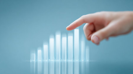 A hand is pointing at a series of blue bars on a blue background. The bars are arranged in a way that suggests a graph or chartの素材