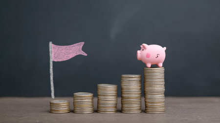 A pig sits on top of a stack of coins. The pig is pink and the coins are silver. The image is meant to represent the idea of saving moneyの素材