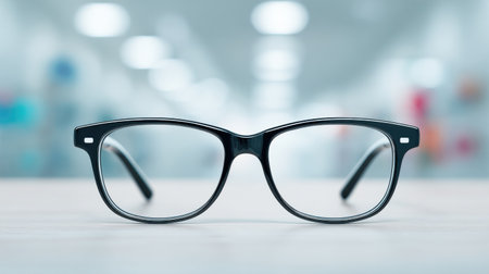 A pair of black eyeglasses with a black frame. The glasses are sitting on a tableの素材