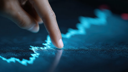 A hand is pointing at a graph on a screen. The graph is blue and has a downward trendの素材