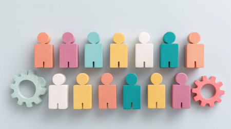 A group of people are standing in a row with a gear in the middle. The people are of different colors and sizes, and the gear is pink and green. Concept of teamwork and collaborationの素材