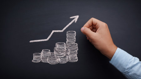 A hand is drawing a graph on a blackboard with a line going up and a stack of coins. The graph represents the growth of money, and the hand drawing it symbolizes the effortの素材
