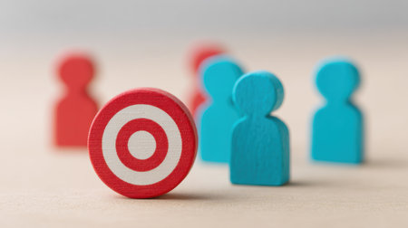 A red target is surrounded by four wooden figures. The target is missing a piece, and the figures are positioned around it. Concept of competition or challengeの素材