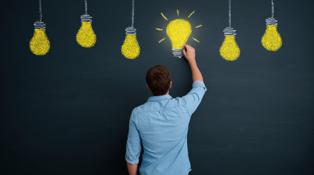 A man is drawing a light bulb on a blackboard. The light bulb is surrounded by other light bulbs, creating a cluster of lights. Concept of creativity and innovationの素材