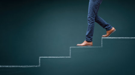 A man in brown shoes is walking up a chalk line of steps. The steps are drawn on a black backgroundの素材
