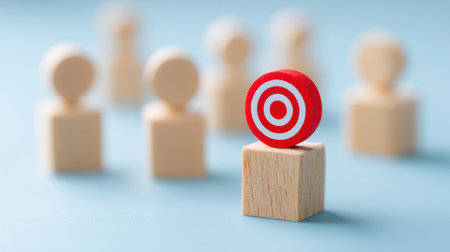 A wooden target with a red circle in the center is surrounded by wooden figures. The target is the only one that stands out, and it seems to be the focus of the sceneの素材