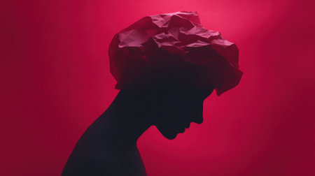 A woman's head is covered with paper, and the image is in red. Scene is sad and melancholicの素材