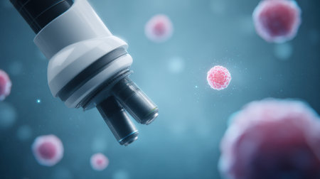 A white robot is holding a microscope and looking at a pink cell. The cell is surrounded by other pink cells, creating a sense of a microscopic worldの素材
