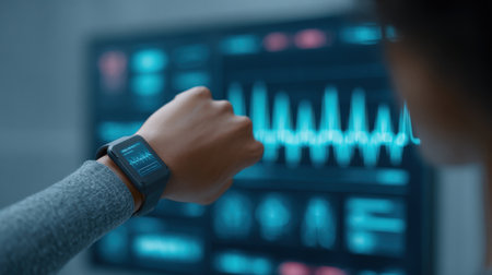 A person is looking at a computer screen with a watch on their wrist. The watch shows that they have been sitting for a long time. The computer screen displays a graph with a lot of data pointsの素材
