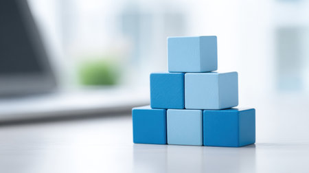 A stack of blue blocks on a table. The blocks are arranged in a pyramid shape. Concept of stability and strength, as the blocks are stacked neatly and securelyの素材