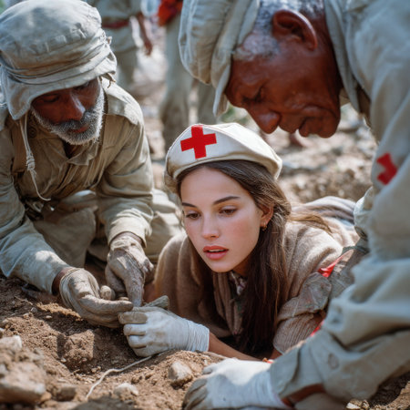 A woman is laying on the ground with two men helping her. One of the men is wearing a red hat with a cross on itの素材