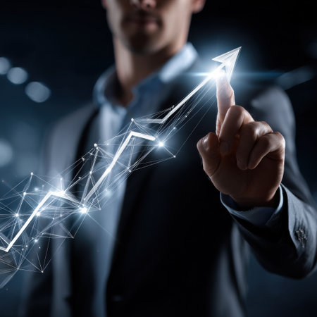 A man is pointing at a graph with a line that is going up. The graph is showing a positive trendの素材