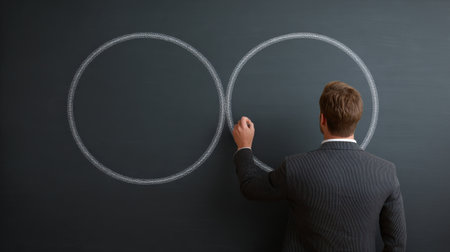 A man is drawing two circles on a blackboard. The circles are connected by a line. The man is wearing a suit and tie. Concept of two things being connected or related to each otherの素材