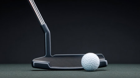 A golf ball is resting on a green surface next to a golf club. Concept of calm and relaxation, as the golf ball and club are not in motionの素材