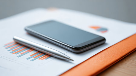A cell phone and a pen are on top of a piece of paper with graphs. Concept of productivity and organization, as the pen and phone are tools commonly used for taking notes and communicatingの素材