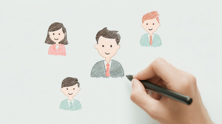 A hand is drawing a picture of a family with a man in a suit. The drawing is of a man with a tie and a woman with a pink shirtの素材