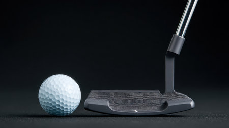 A golf ball and a putter are placed on a dark surface. The putter is black and the ball is whiteの素材