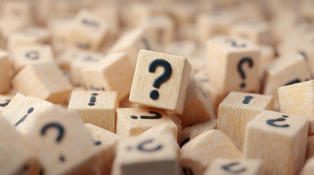 A pile of wooden blocks with a single block that has a question mark on it. Concept of curiosity and intrigue, as the question mark stands out among the other blocksの素材