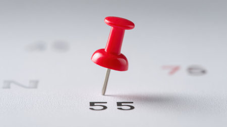 A red pin is stuck in the number fifty on a white calendar. The pin is pointing to the number fifty, which is the number of days until the next dayの素材