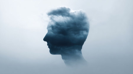 A man's head is shown in a blurry, cloudy sky. Concept of mystery and uncertainty, as the man's face is obscured by the clouds. Scene is somewhat somber and introspectiveの素材