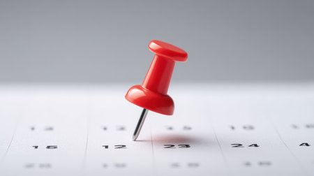 A red pin is placed on a calendar with the number 13 on it. The pin is pointing to the number 13, which could be a reminder or a special date. Concept of importance and focus on the number 13の素材