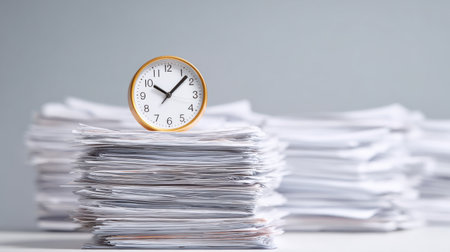 A clock is sitting on top of a pile of papers. The clock is set to the time of 11:00の素材