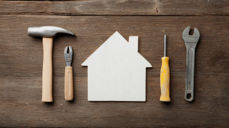 A hammer, a screwdriver, a wrench, and a pair of pliers are laid out on a wooden surface. Concept of craftsmanship and the idea of building or repairing somethingの素材