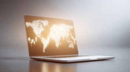 A laptop screen shows a world map with a glowing light around it. Concept of technology and globalization, as the laptop represents the modern worldの素材