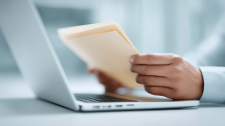 A person is holding a yellow folder on a laptop. The folder is open and the person is looking at it. The laptop is on a table and the person is sitting in front of itの素材