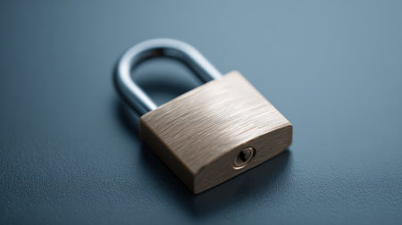 A silver lock with a wooden handle sits on a grey surface. The lock is open and the key is missingの素材