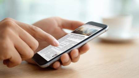 A person is using a cell phone to scroll through a news article. The article is about a recent event that has caused a lot of controversy. The person is focused on the articleの素材