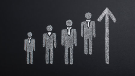 A group of men in suits are shown in a line, with one man wearing a tie and the others not. The image is drawn on a blackboard with a line drawn up to the topの素材