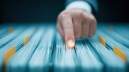A hand pointing at a stack of papers. Concept of importance and focus, as the person's finger is on the top of the stack, drawing attention to it. The stack of papers could represent a work projectの素材